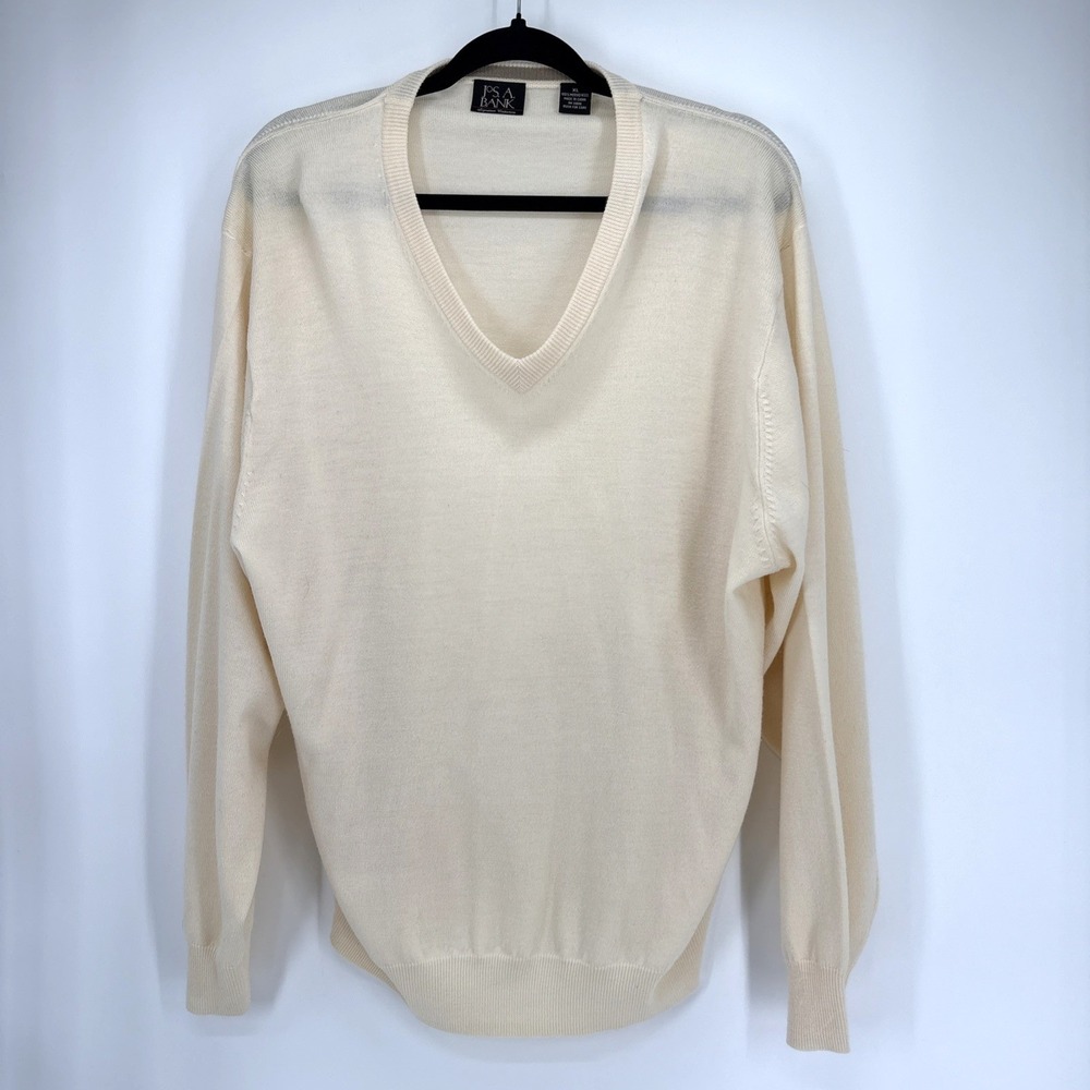 Jos A Bank Signature Collection Merino Wool Sweater‎ Mens XL Winter White VNeck